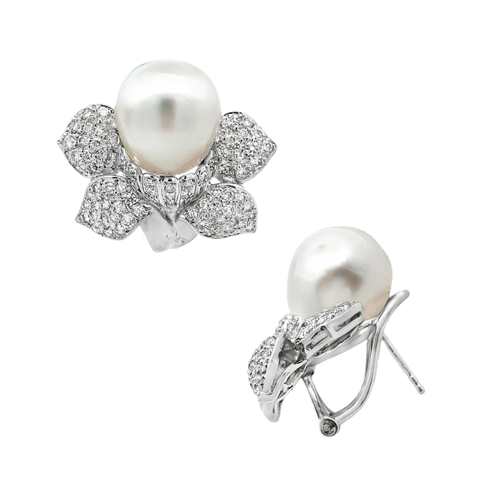 Diamond South Sea Pearl Flower Earrings 18K White Gold