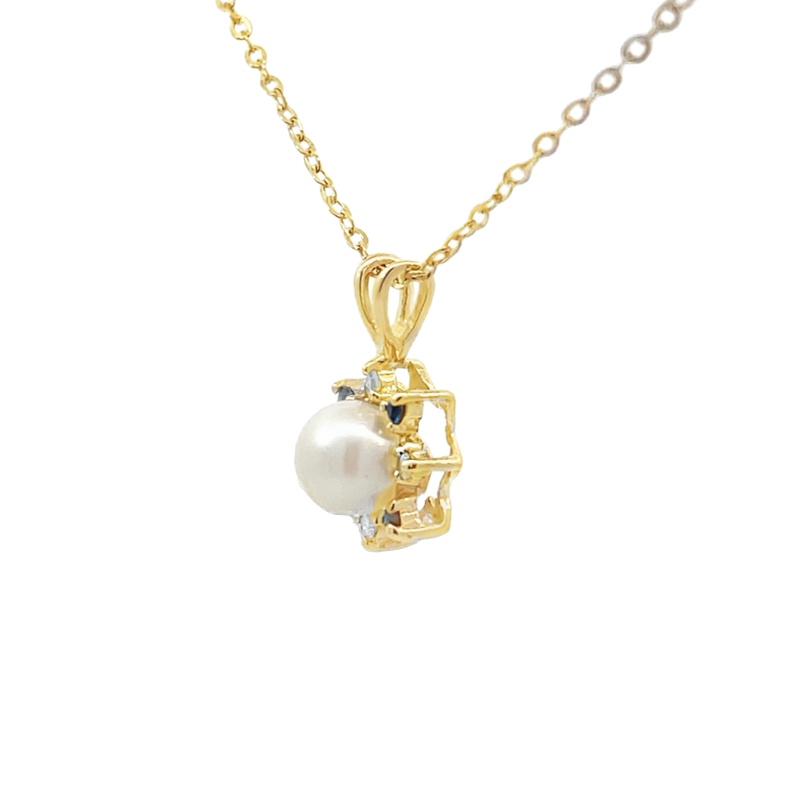 Pearl Pendant with Diamond & Sapphire Halo 14K Yellow Gold 0.08ctw