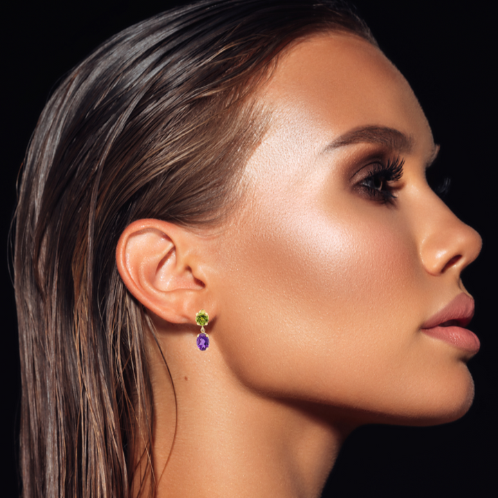 Peridot and Amethyst Dangle Earrings 14K Yellow Gold