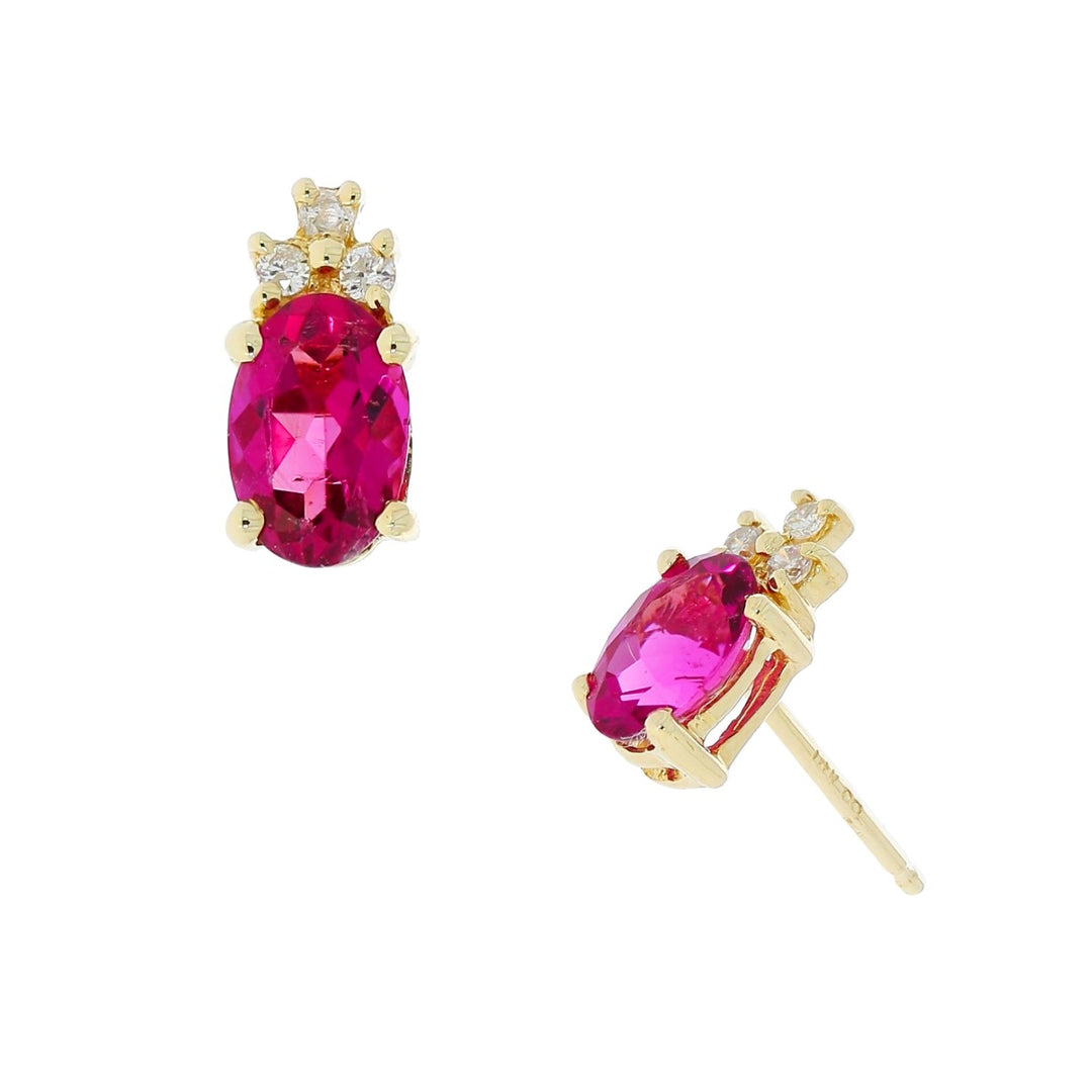 Pink Tourmaline Diamond Stud Earrings 14K Yellow Gold