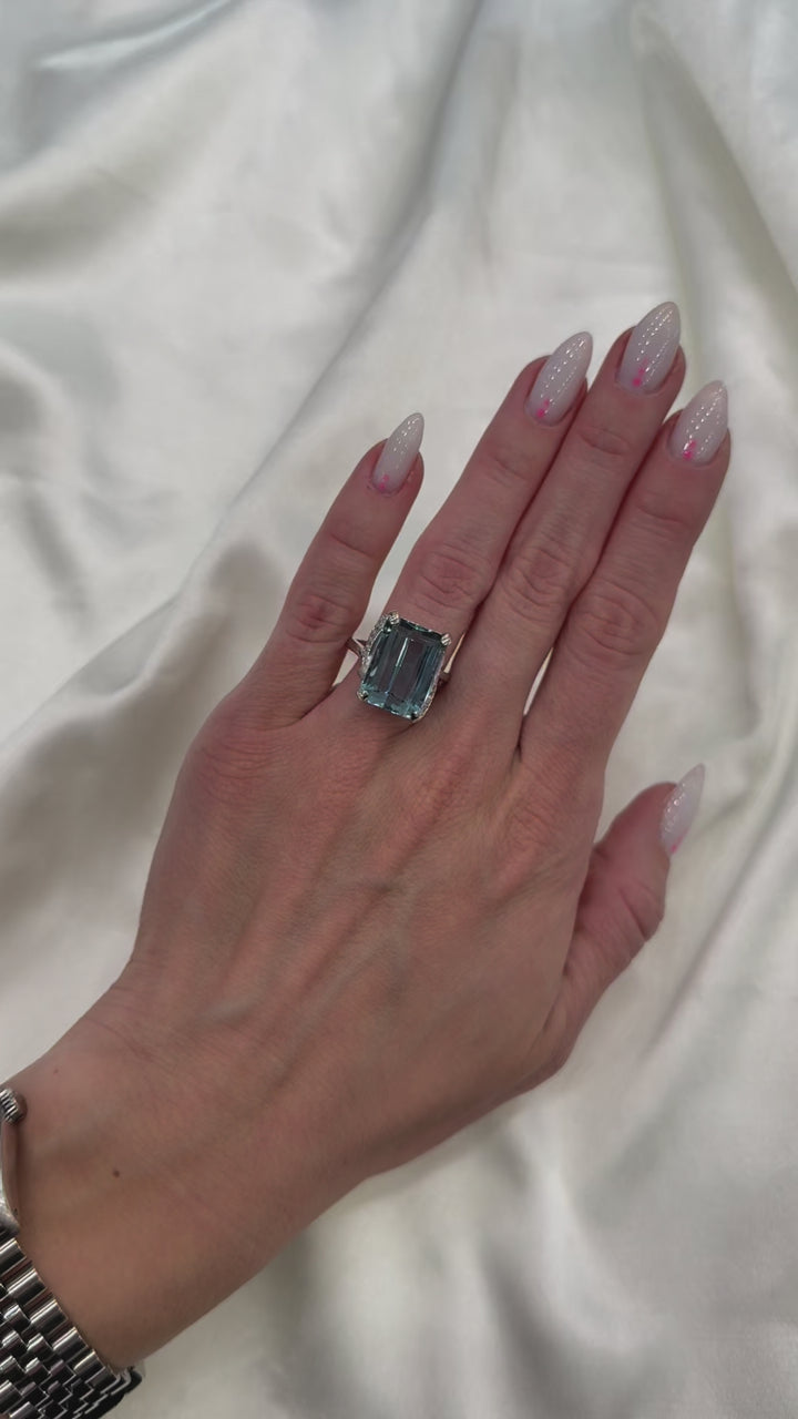 Aquamarine Diamond Ring 14K White Gold 13.44 CT