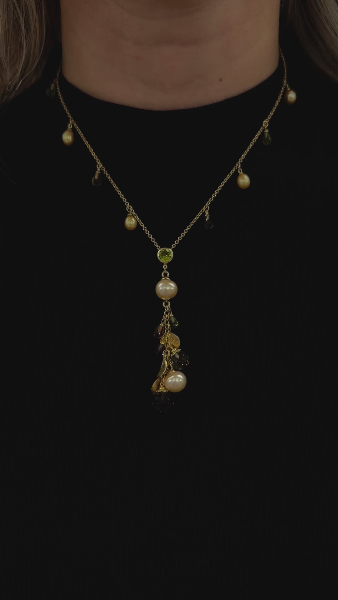Multi-Gemstones and Pearls Y-Necklace 14K Yellow Gold