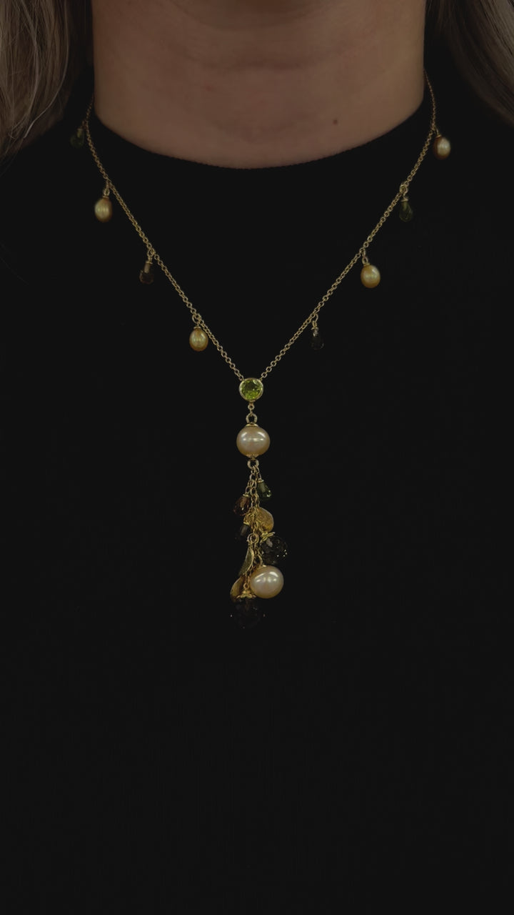 Multi-Gemstones and Pearls Y-Necklace 14K Yellow Gold