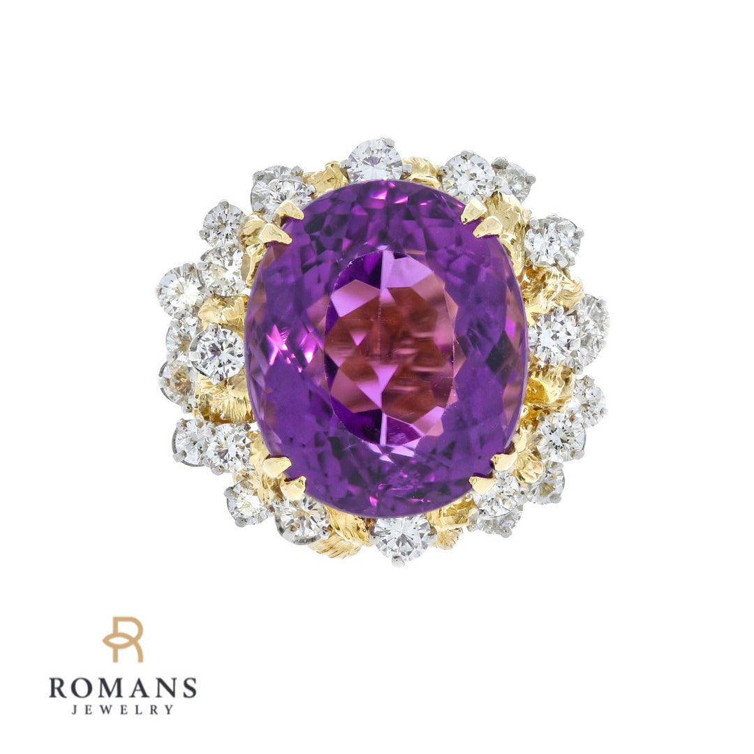 Amethyst Diamond Vintage Ring 14K Two Tone Gold 21.32CT