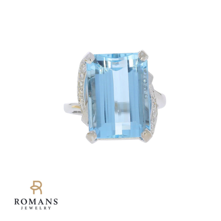 Aquamarine Diamond Ring 14K White Gold 13.44 CT