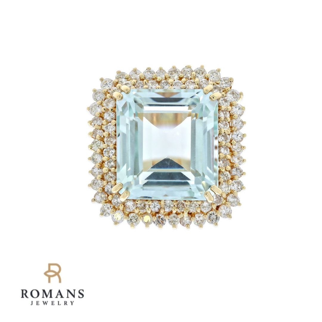 Aquamarine Diamond Halo Cocktail Ring 14K Yellow Gold 20CT