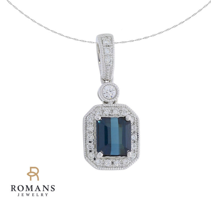 Blue Tourmaline Diamond Pendant 14K White Gold .72CT