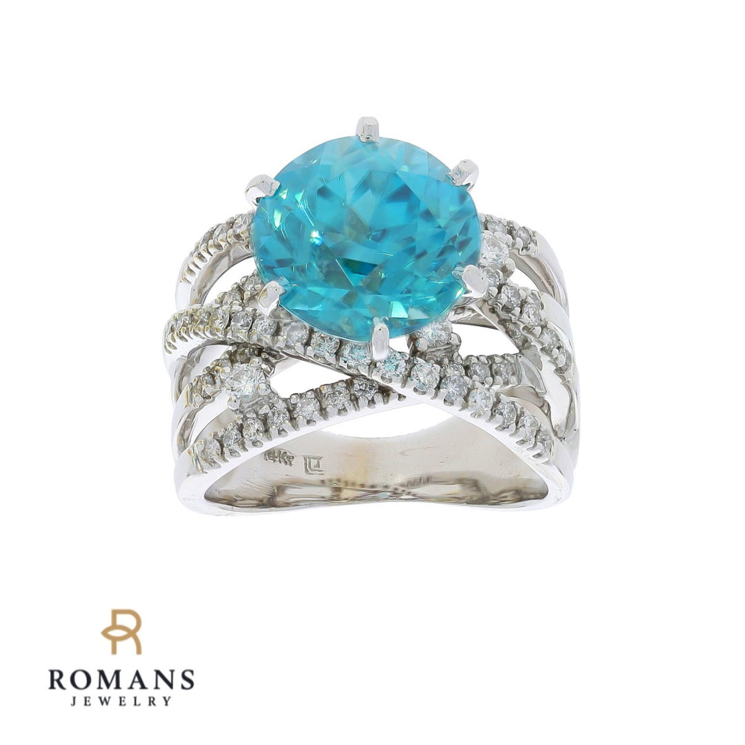Blue Zircon Diamond Ring 14K White Gold 9.52CT