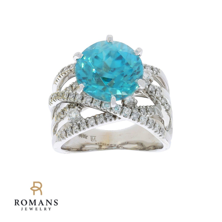Blue Zircon Diamond Ring 14K White Gold 9.52CT