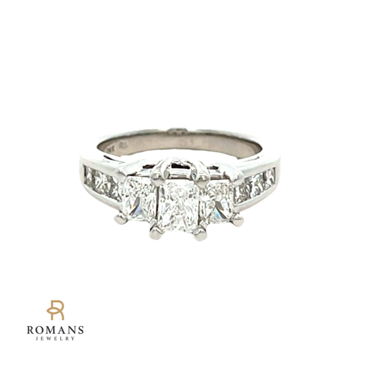 Diamond Radiant Cut Three Stone Engagement Ring 14K White Gold