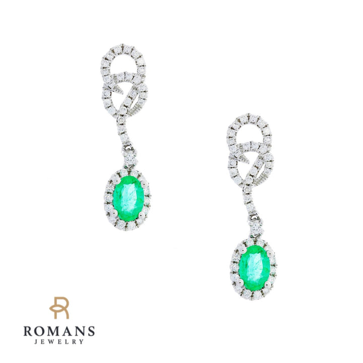 Emerald Diamond Halo Earrings 14K White Gold .84CTW