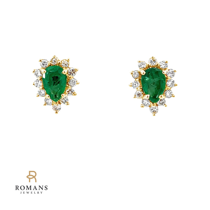 Emerald Diamond Halo Earrings 14K Yellow Gold 0.70CT