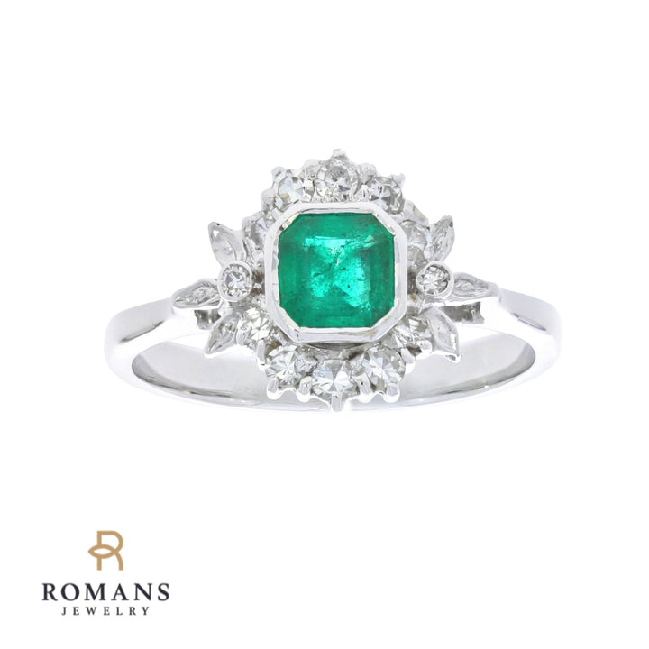 Emerald Diamond Halo Ring 18K White Gold .40 CT