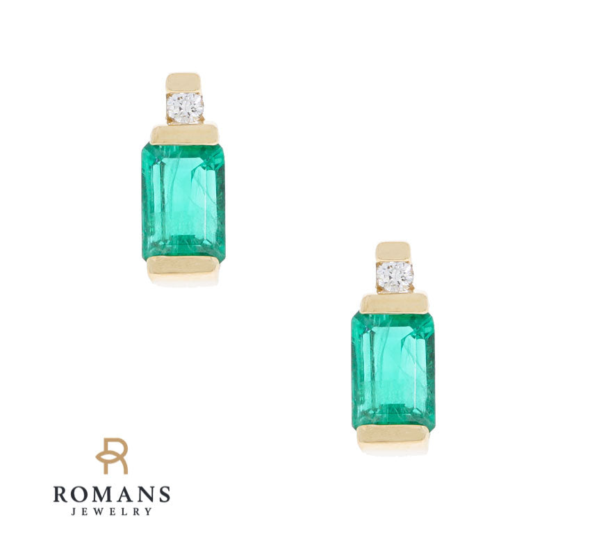 Emerald Diamond Stud Earrings 14K Yellow Gold