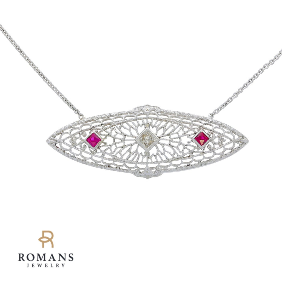Filigree Diamond Vintage Brooch Necklace 14K White Gold
