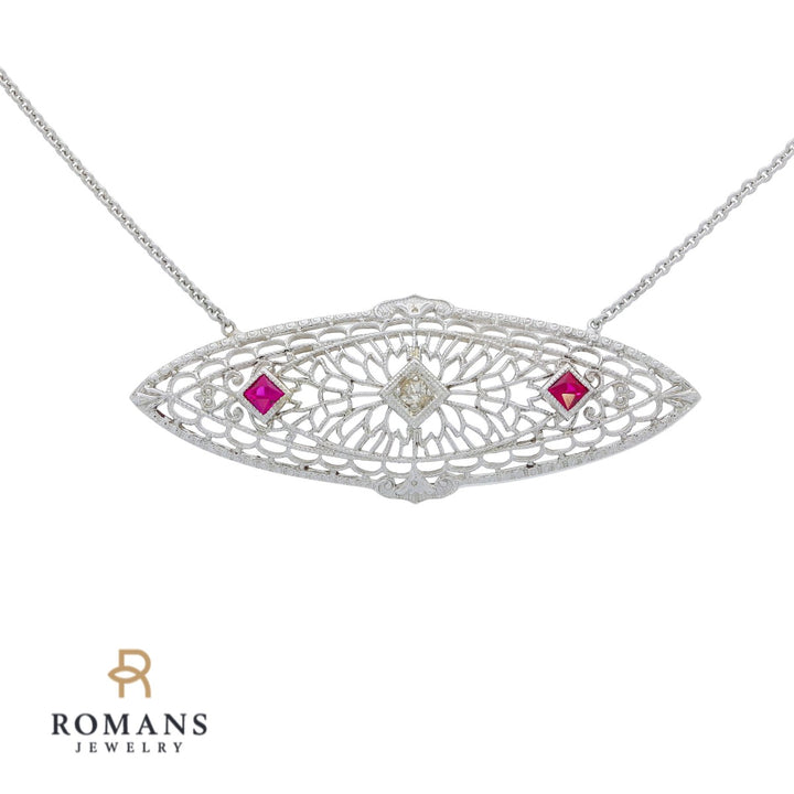 Filigree Diamond Vintage Brooch Necklace 14K White Gold