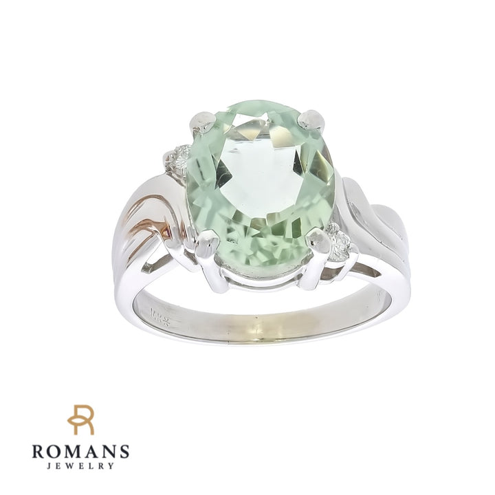 Green Amethyst Diamond Ring 14K White Gold 4 CT