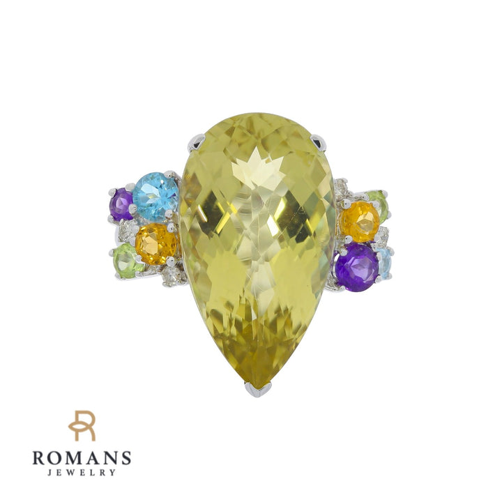 Lemon Quartz Gemstone Ring 14K White Gold 13.85 CT