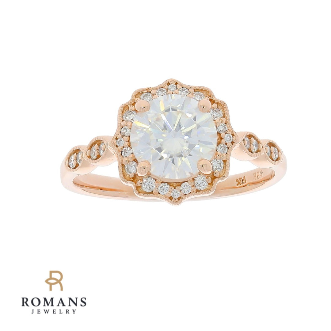 Moissanite Diamond Halo Ring 14K Rose Gold 1.35 CT