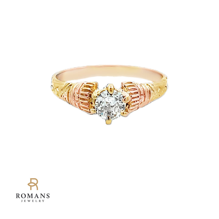 Old Mine Cut Diamond Hand Engraved Ring 14K Yellow Gold .40CT