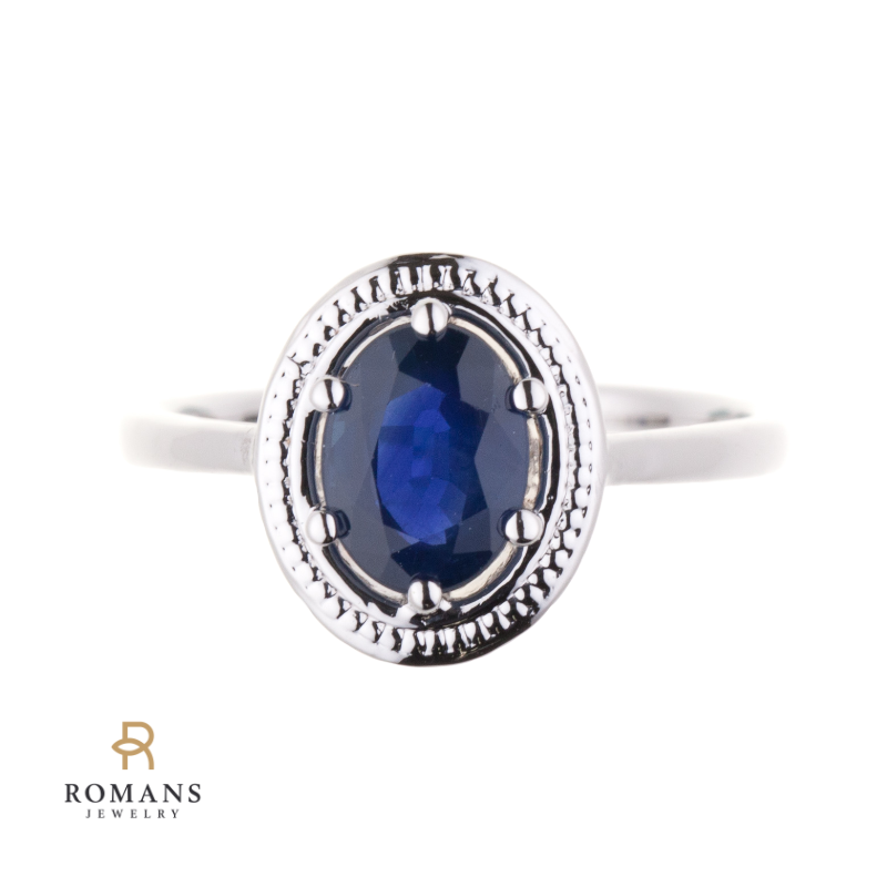 Oval Sapphire Milgrain Ring 14K White Gold 1.60 CT