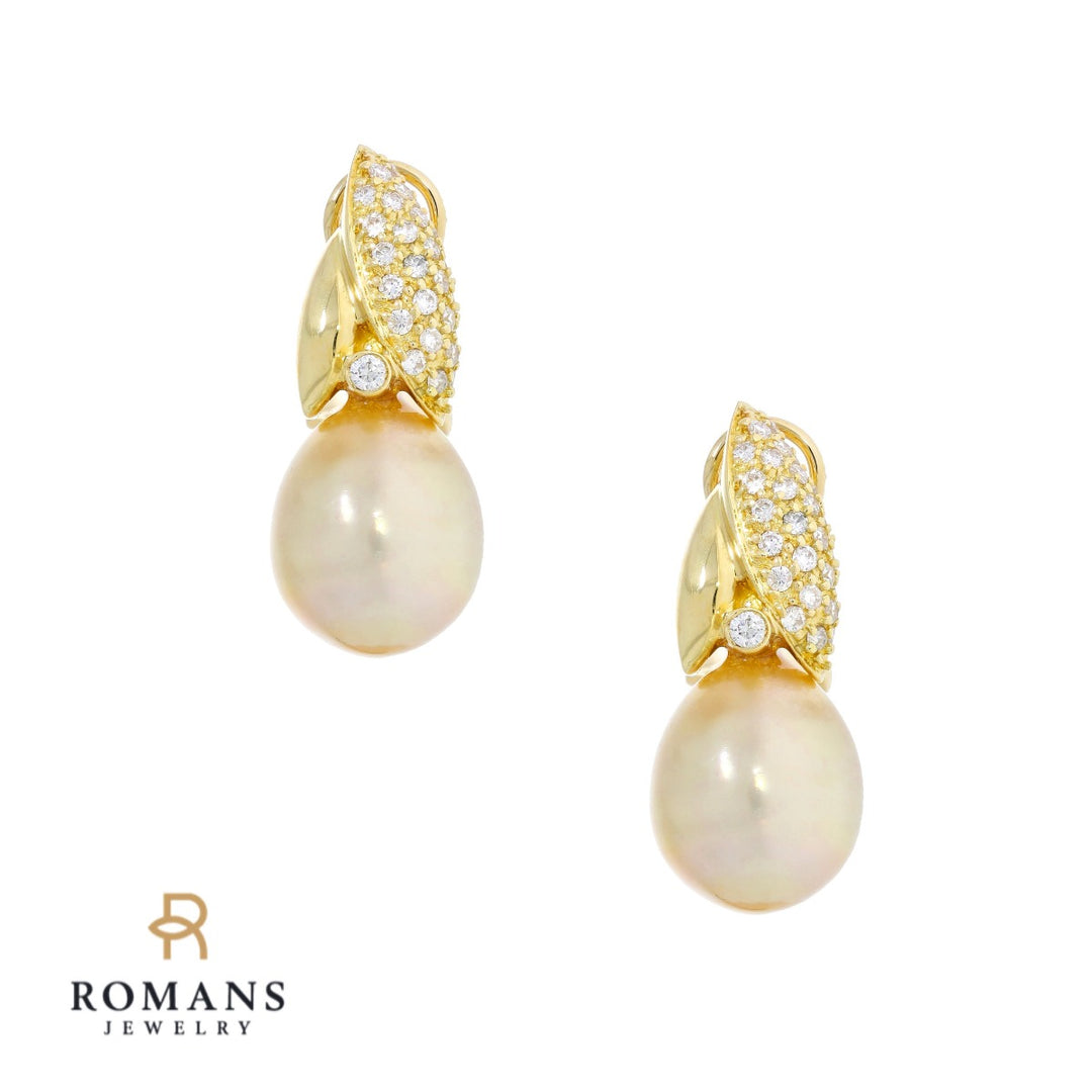 Pearl Diamond Dangle Earrings 18K Yellow Gold