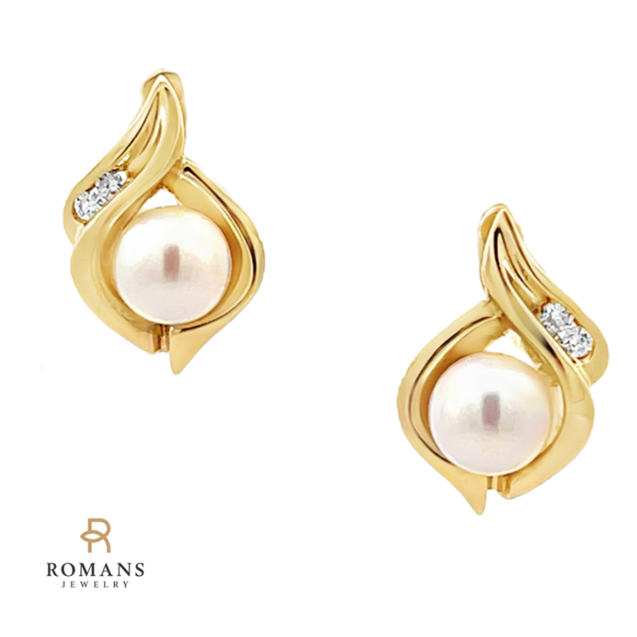 Pearl Diamond Earrings 14K Yellow Gold 5.6MM