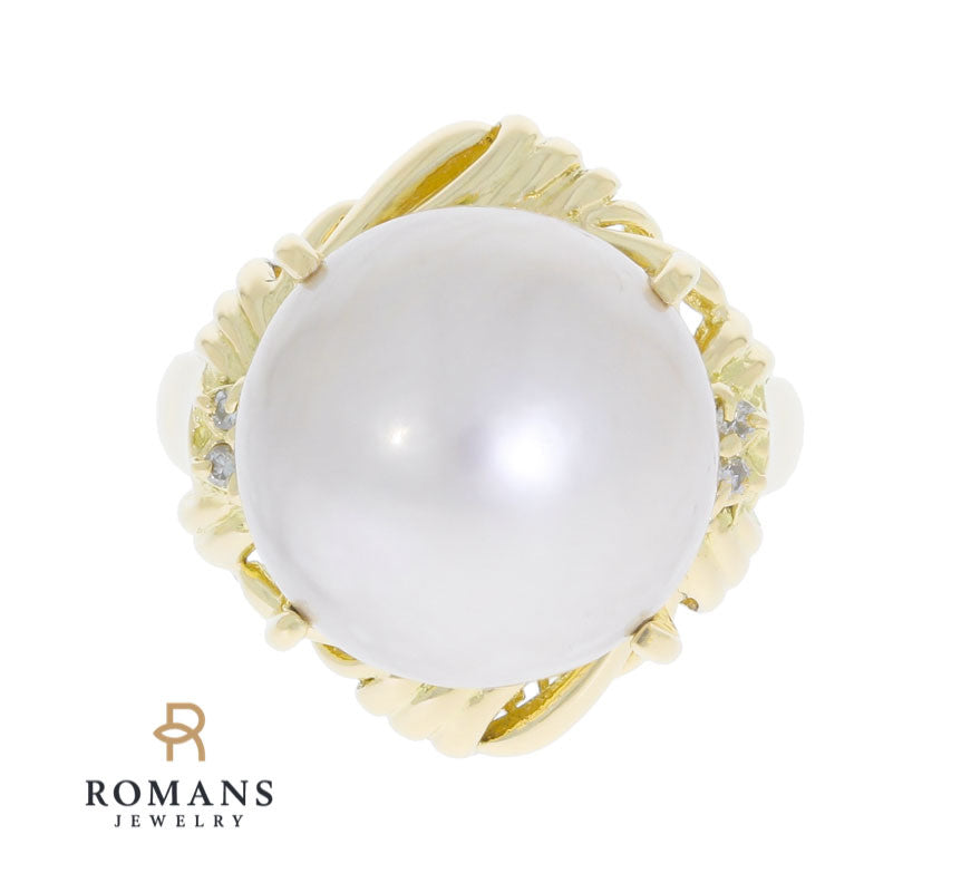 Pearl Diamond Ring 18K Yellow Gold 14MM
