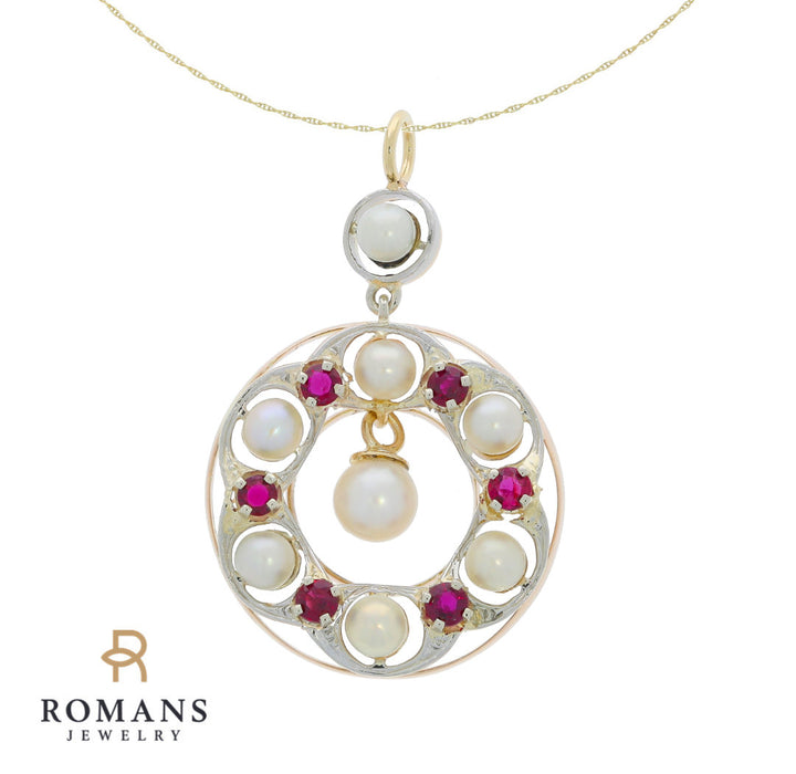 Pearl Ruby 1950's Pendant 14K Yellow Gold Platinum