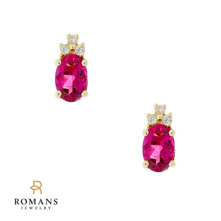 Pink Tourmaline Diamond Stud Earrings 14K Yellow Gold