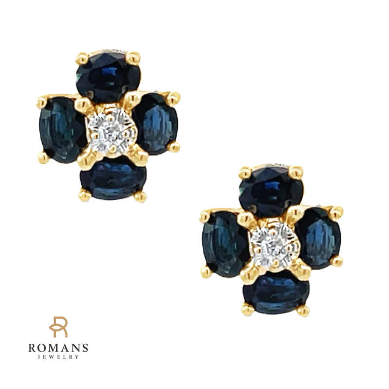 Sapphire Diamond Flower Studs 14K Two Tone 1.76CT