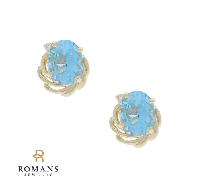 Swiss Blue Topaz Stud Earrings 14K Yellow Gold 6.24CTW