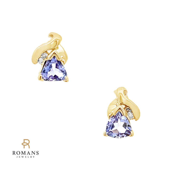 Trillion Cut Tanzanite & Diamond Stud Earrings 14K Yellow Gold .94CTW
