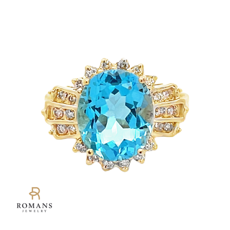 Swiss Blue Topaz & Diamond Halo Cocktail Ring 14K Yellow Gold 6.24CT
