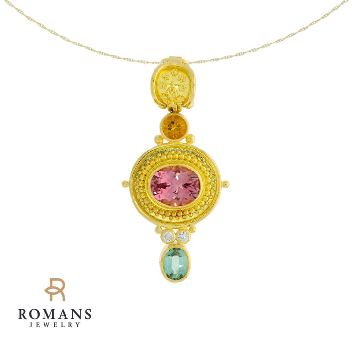 Tourmaline Citrine Diamond Pendant 18K & 22K Yellow Gold