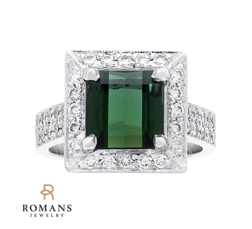 Tourmaline Diamond Halo Ring 14K White Gold 3.13 CT