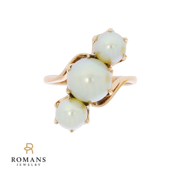 Victorian 3 Pearl Ring 14K Yellow Gold GIA