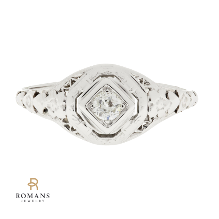 Vintage Filigree Diamond Ring 14K White Gold .12 CTW