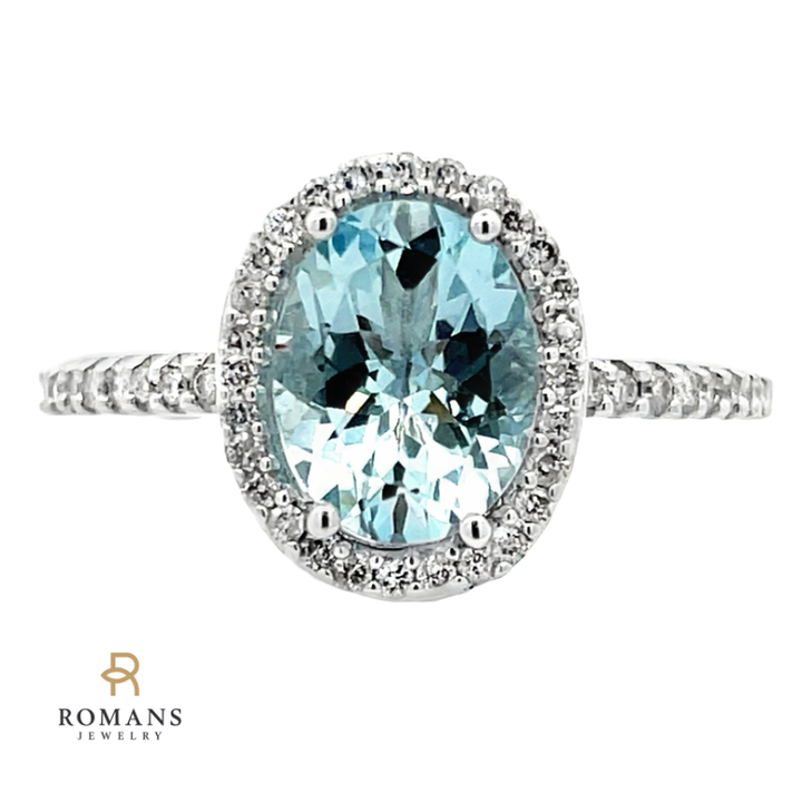 Aquamarine Diamond Halo Effy Ring 14K White Gold 2.21CT