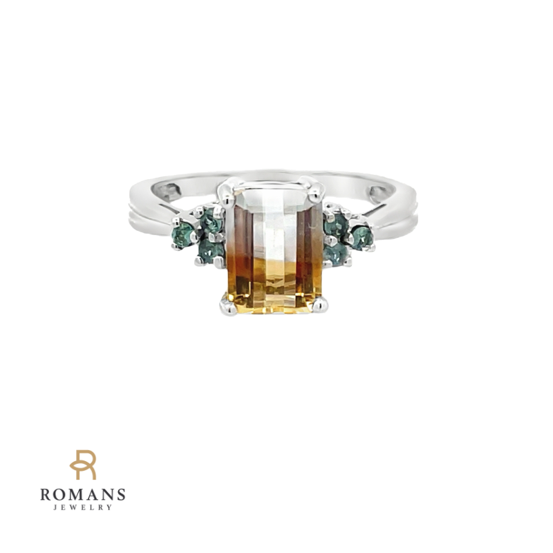 Bi-Color Emerald Cut Citrine with Teal Quartz Ring 14K White Gold 1.33CT