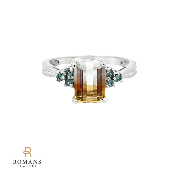 Bi-Color Emerald Cut Citrine with Teal Quartz Ring 14K White Gold 1.33CT