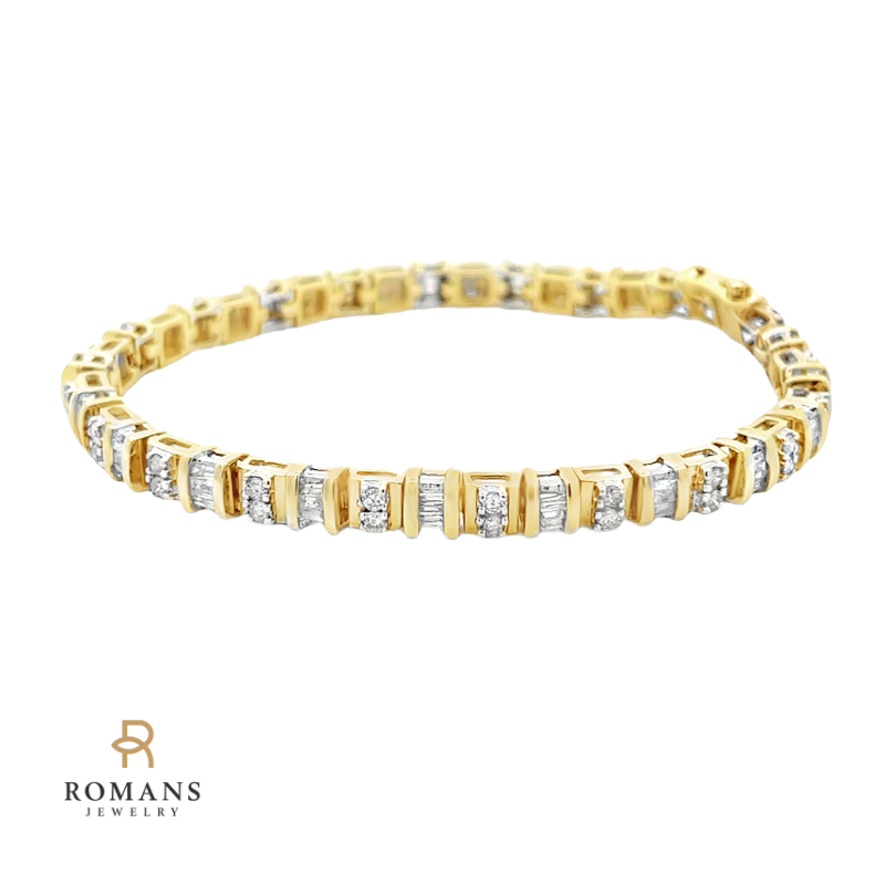 Baguette & Round Diamond Tennis Bracelet 14K Yellow Gold 2CT