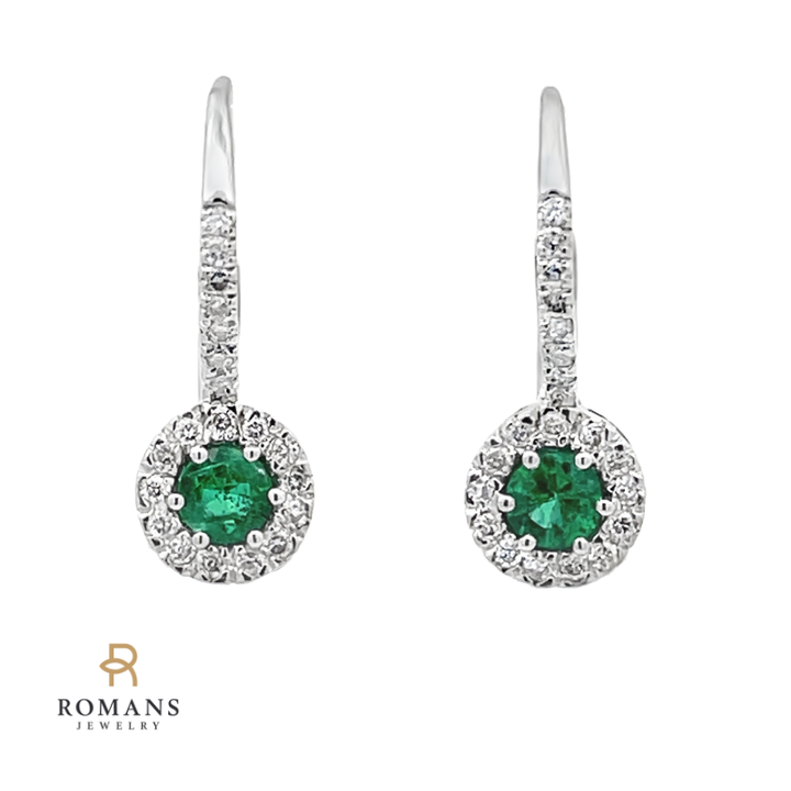 Emerald with Diamond Halo Earrings 14K White Gold 0.53CT