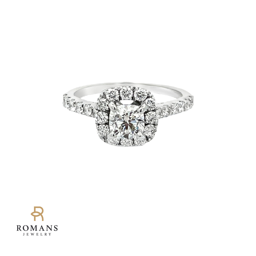 Halo Cushion Cut Diamond Engagement Ring 14K White Gold .64CT