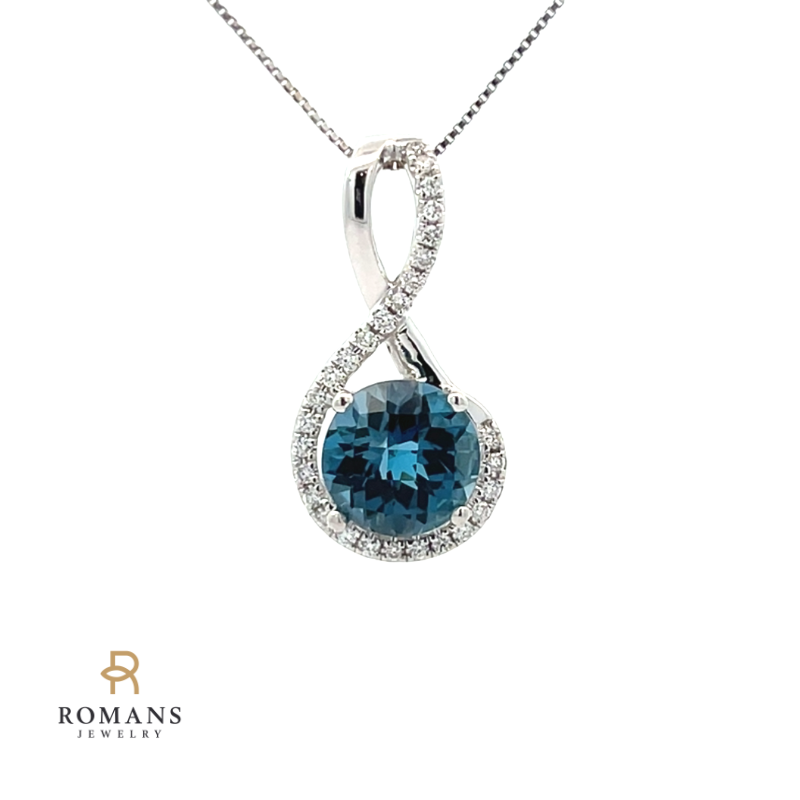 London Blue Topaz Diamond Halo Pendant 14K White Gold 2.40CT