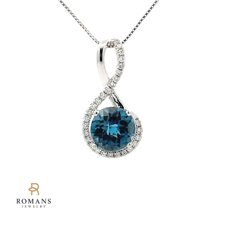 London Blue Topaz Diamond Halo Pendant 14K White Gold 2.40CT