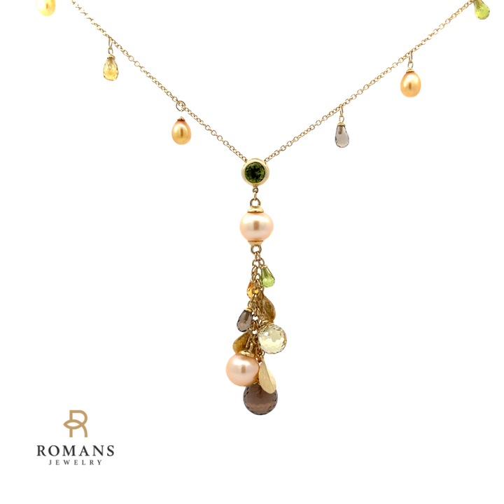 Multi-Gemstones and Pearls Y-Necklace 14K Yellow Gold