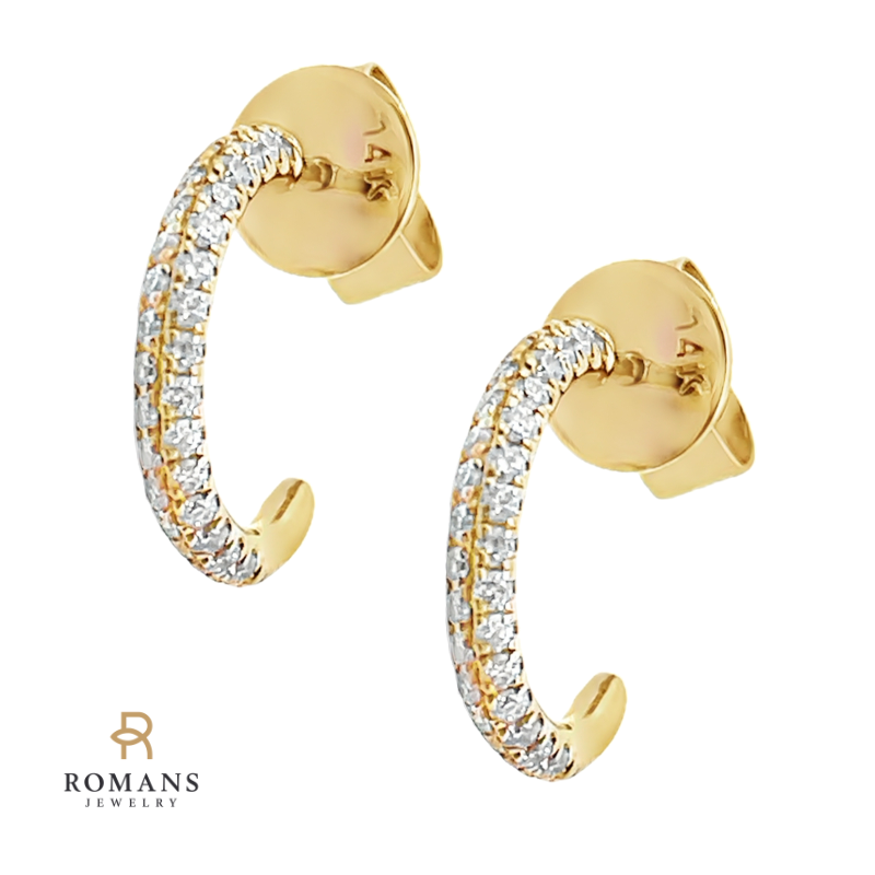 Pave Diamond Half Hoop Earrings 14K Yellow Gold .34CT