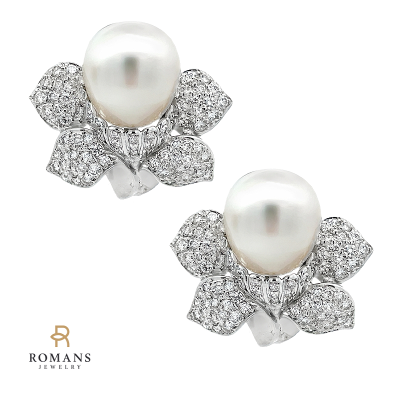 Diamond South Sea Pearl Flower Earrings 18K White Gold