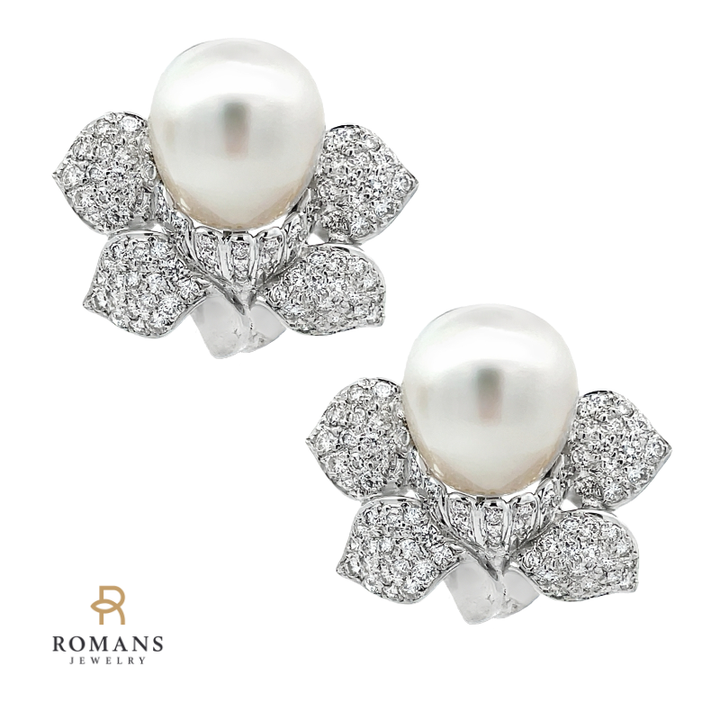 Diamond South Sea Pearl Flower Earrings 18K White Gold